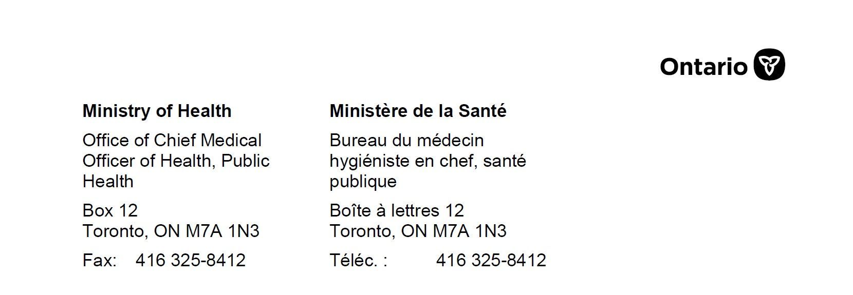 The ministry of health is located in toronto ontario