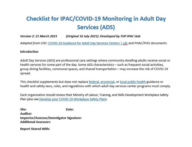 A checklist for ipac / covid-19 monitoring in adult day services