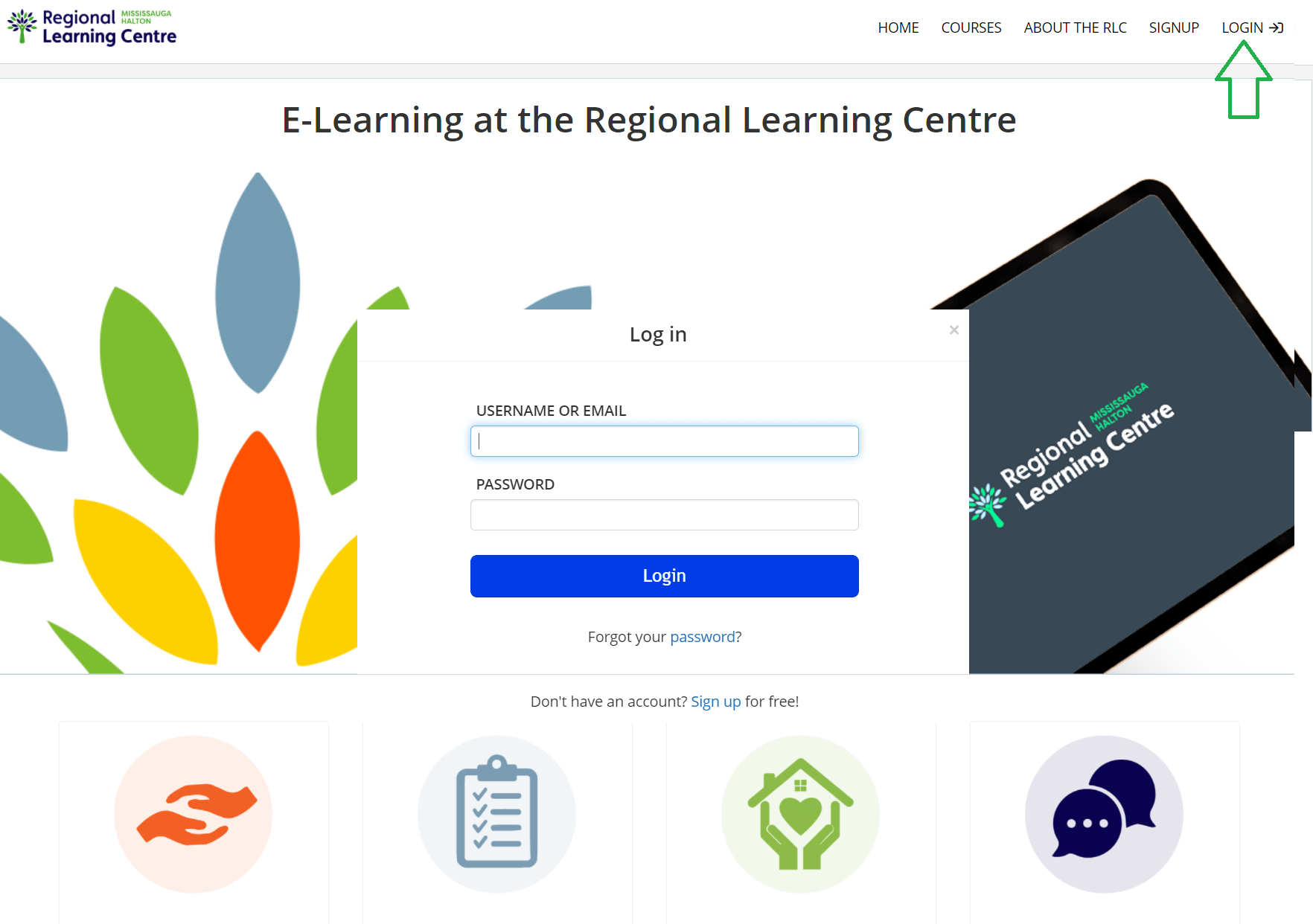 A screenshot of the e learning at the regional learning centre website.