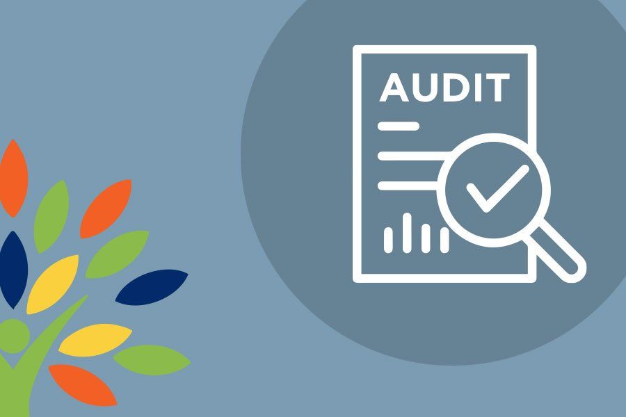 An icon of an audit with a magnifying glass and a check mark.