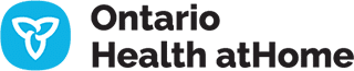 A logo for ontario health at home with a heart in a blue circle.