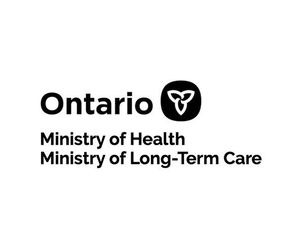 The ontario ministry of health and ministry of long-term care logo is black and white.