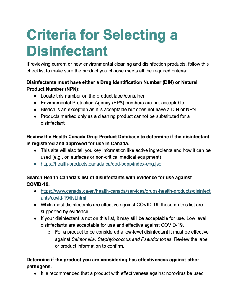 There is a list of criteria for selecting a disinfectant.