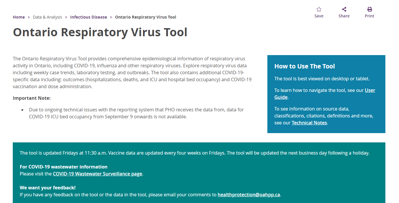 A screenshot of the ontario respiratory virus tool website