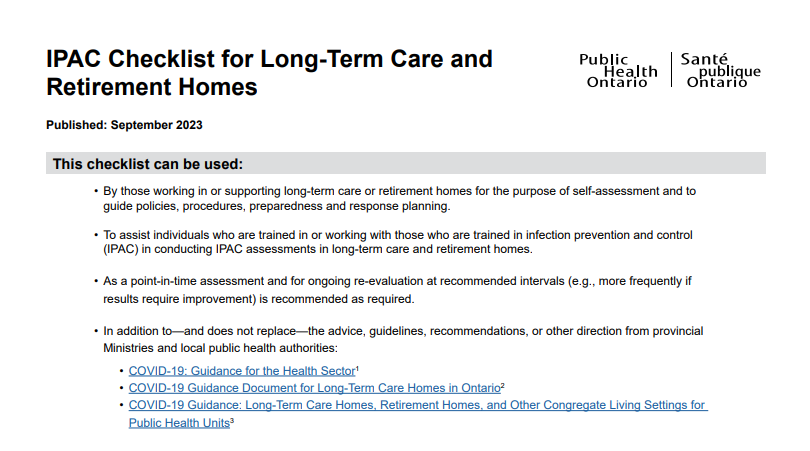 It is a checklist for long-term care and retirement homes.