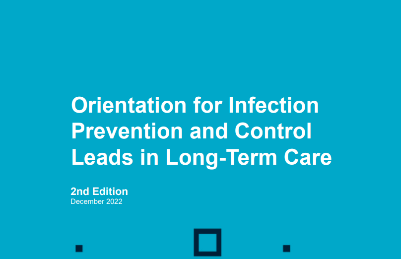 A blue sign that says orientation for infection prevention and control leads in long-term care