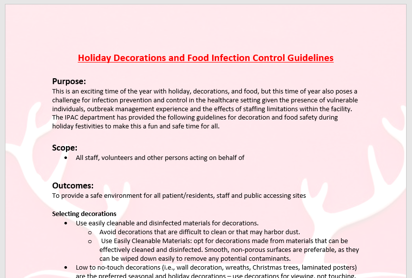 A white sheet of paper with the words holiday decorations and food infection control guidelines on it.