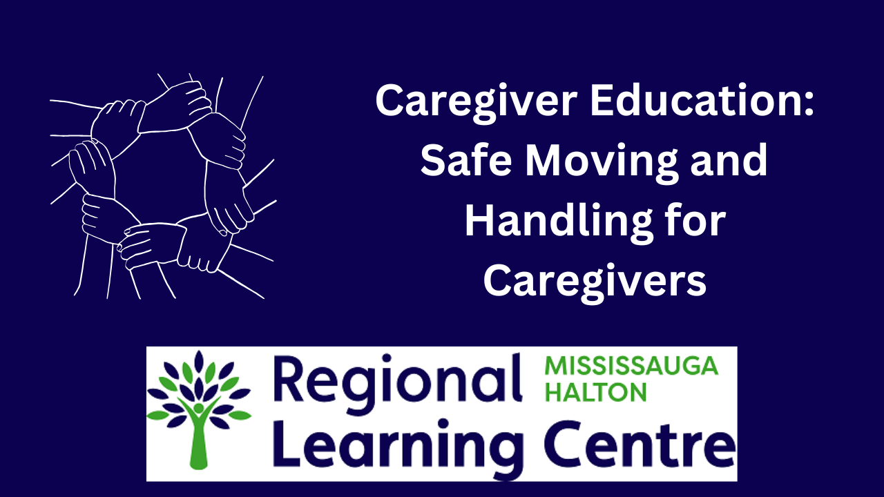 A blue sign that says caregiver education safe moving and handling for caregivers