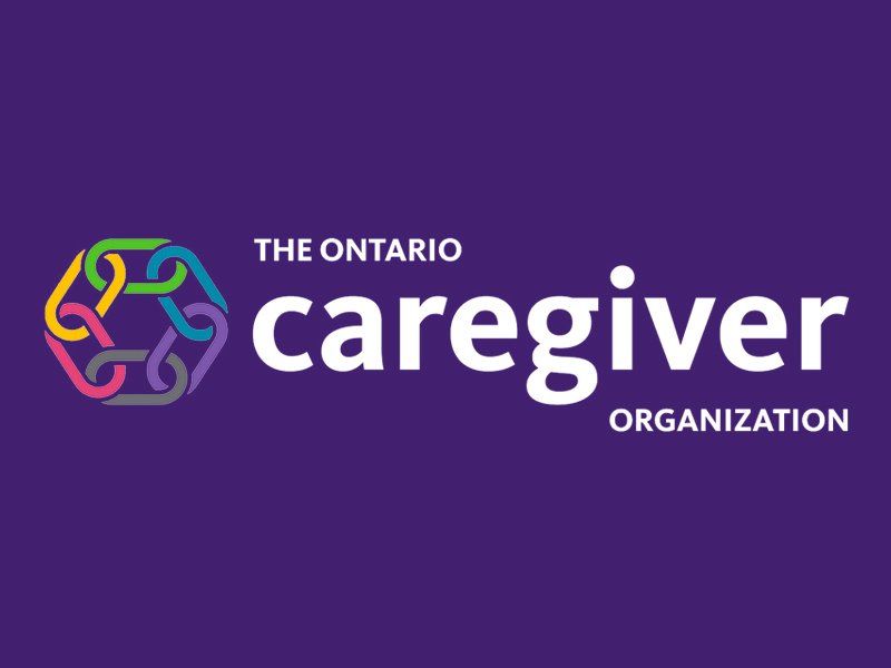 The ontario caregiver organization logo is on a purple background.