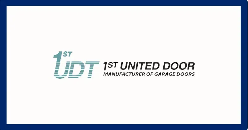 The logo for 1st united door is a manufacturer of garage doors.