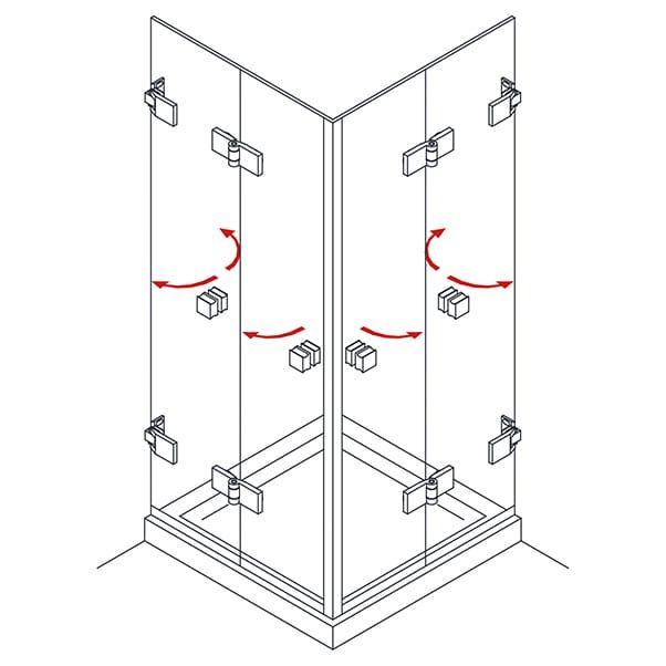 Schema di una cerniera per porta doccia in vetro con frecce rosse che indicano il perno e il senso di apertura