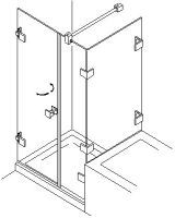Disegno tecnico in linea dell’installazione di una cerniera per porta doccia in vetro con relativa ferramenta di montaggio