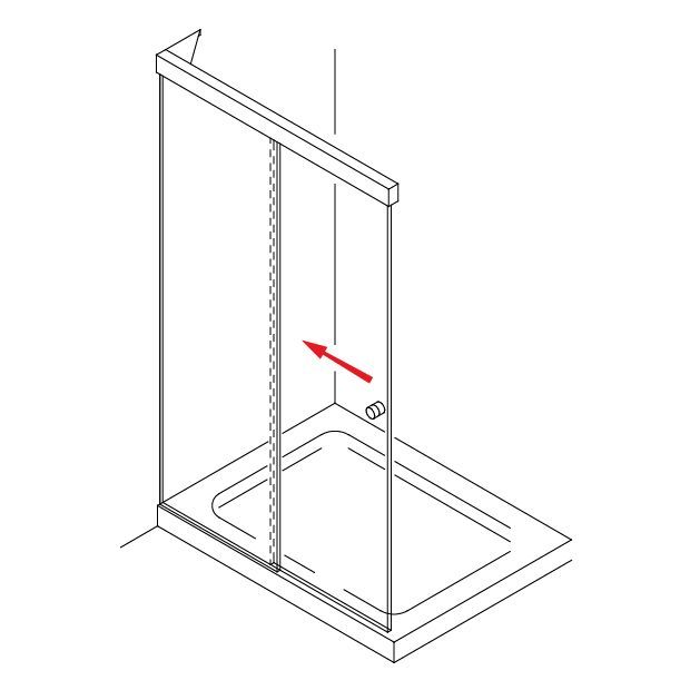 Disegno al tratto di un vano doccia con una porta scorrevole in vetro e una freccia rossa che indica il movimento