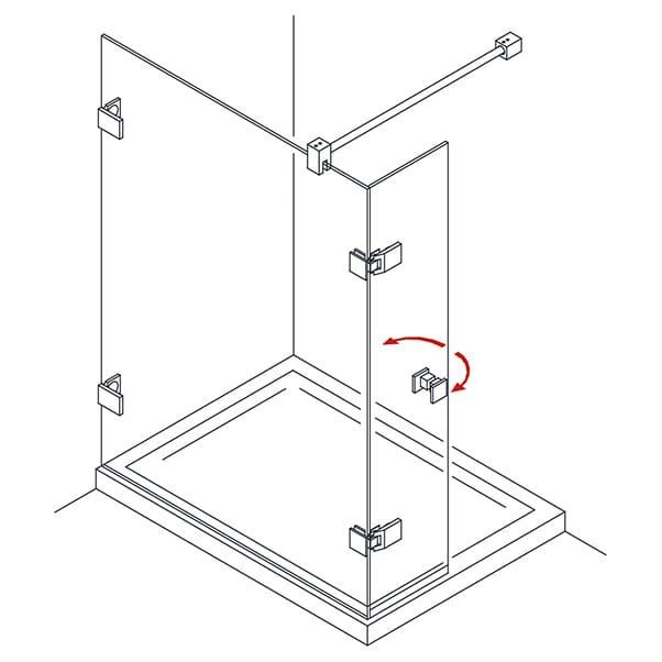 Schema di una porta doccia in vetro che ruota sui cardini sopra una base piastrellata, con frecce rosse che indicano il senso di apertura