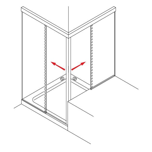Porta della doccia ad angolo con apertura verso l’esterno e frecce rosse che indicano il movimento dalla giunzione centrale.
