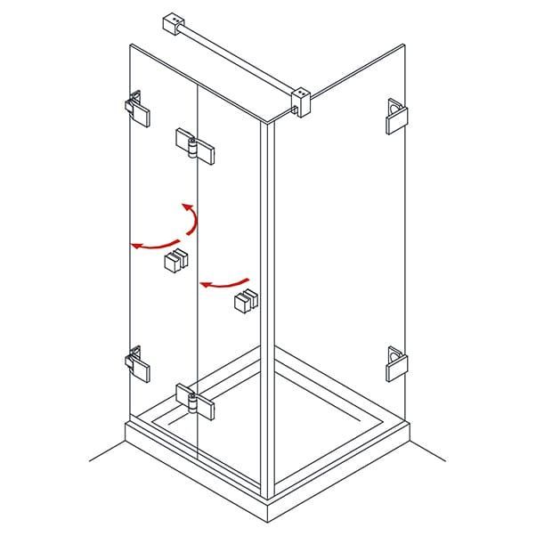 Schema di installazione di una porta doccia in vetro, con cerniere e frecce rosse che indicano il senso di apertura