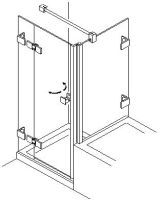 Disegno a linee di una cerniera per porta in vetro e dettaglio del morsetto in una staffa di montaggio angolare