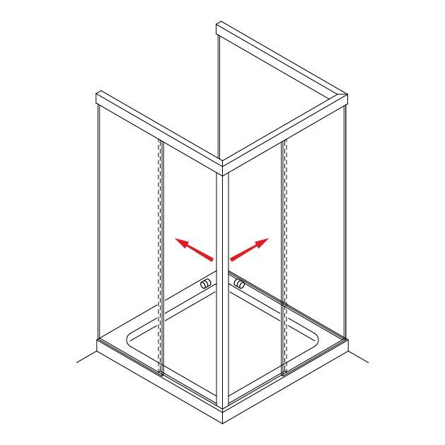 Schema di un box doccia angolare con porte in vetro a battente che si aprono verso l’esterno, indicate da frecce rosse.