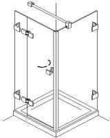Schema di una cabina doccia in vetro con porta a battente e ferramenta in metallo su un piatto piastrellato
