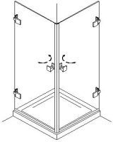 Doccia angolare con due porte in vetro e cerniere, raffigurata con un semplice disegno al tratto.