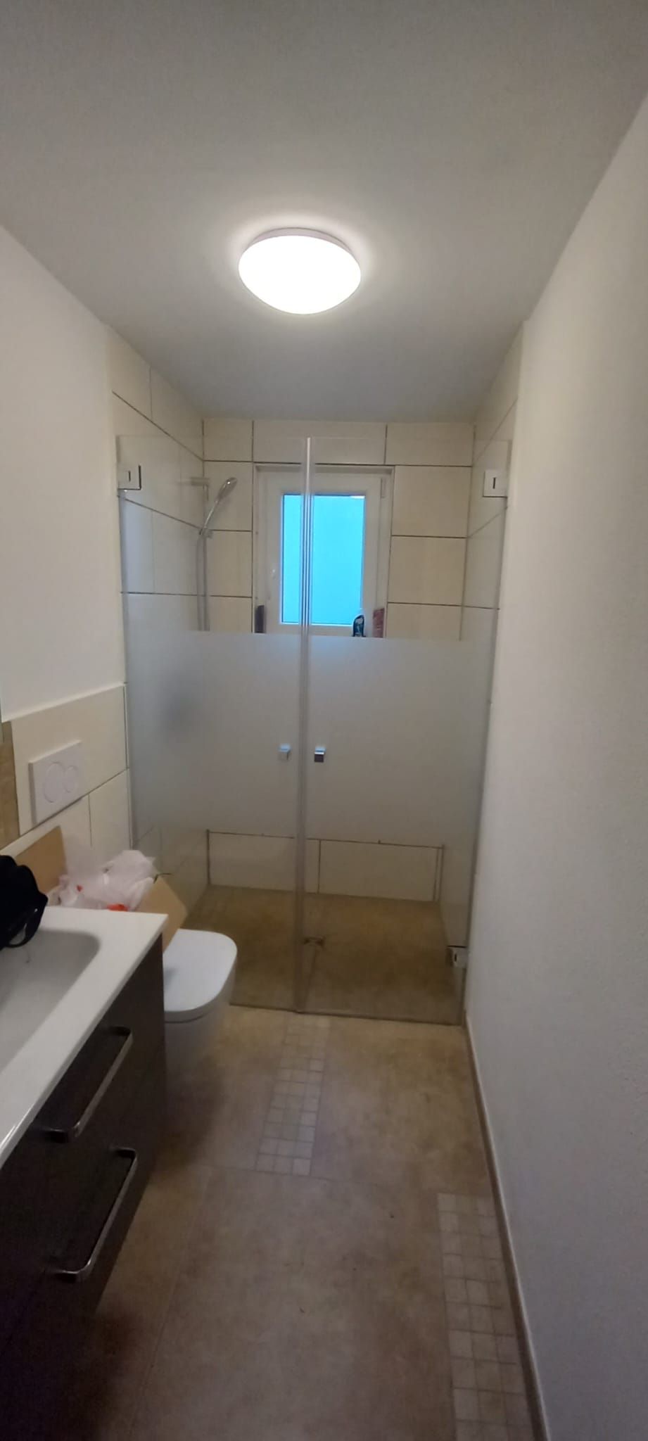 Bagno stretto con WC, lavabo, doccia e una finestra sul fondo.