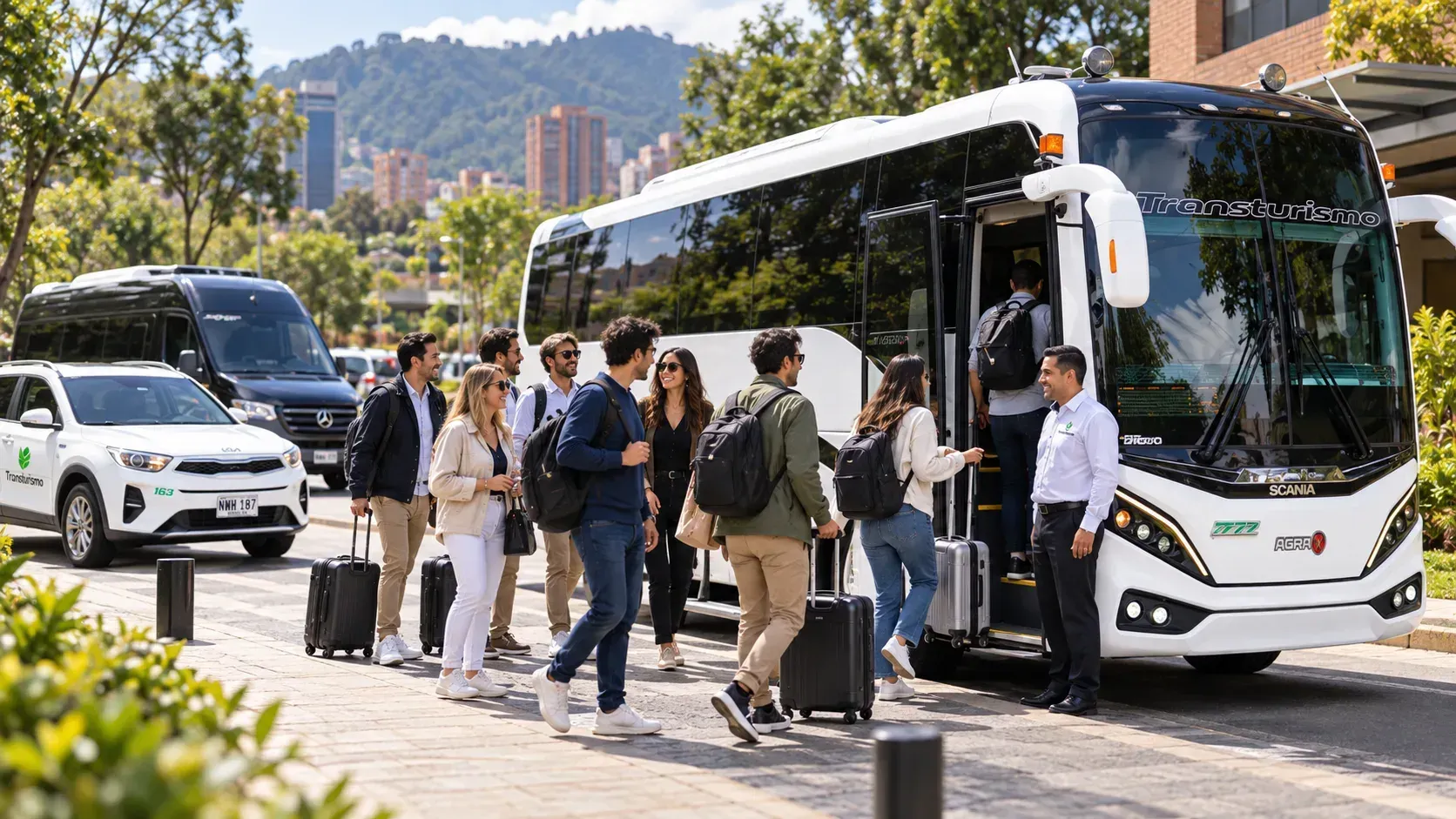 Transporte para grupos en Bogotá con bus de Transturismo y pasajeros abordando