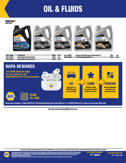 NAPA advertisement with heavy-duty oil sales and rewards program details.