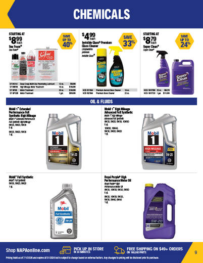Advertisement for automotive oil and fluids; featuring product images and sale prices.