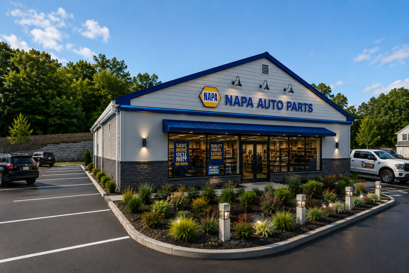 A napa auto parts store with a red truck parked in front of it