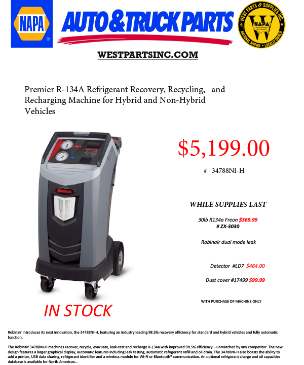 Premier R-134A Refrigerant Recovery, Recycling, and recharging machine for hybrid and non-hybrid vehicles $5199
