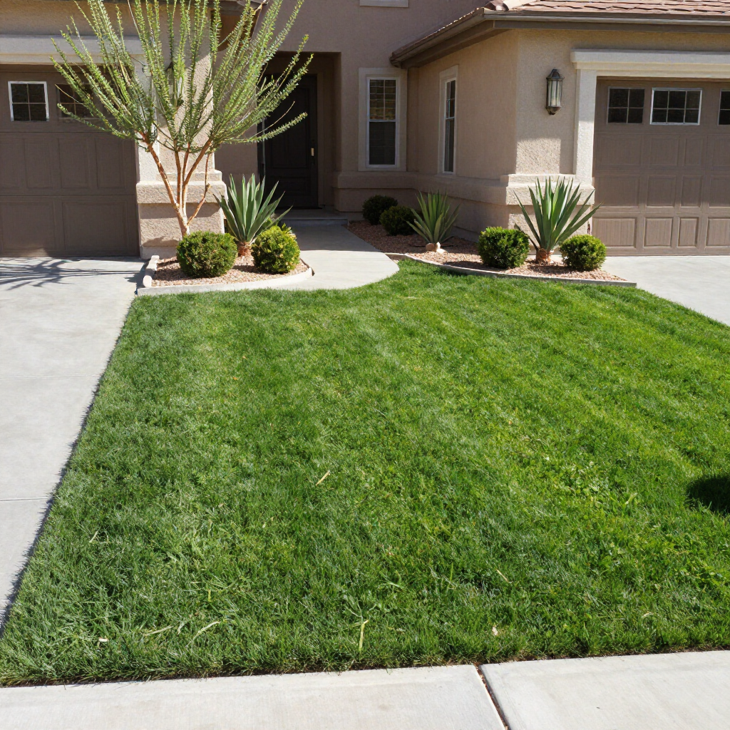 Front yard of a house with a green lawn, desert plants, and two garage doors