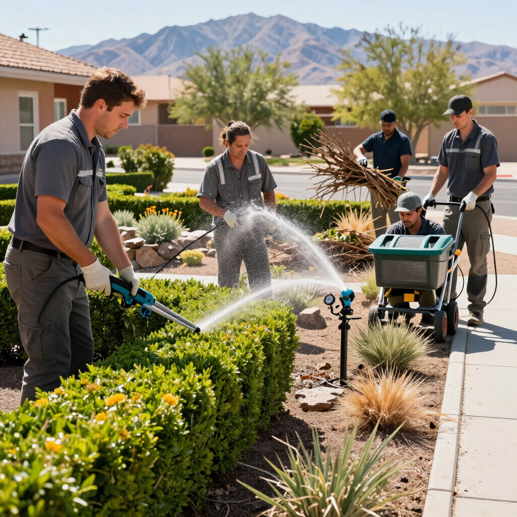Workers watering hedges with a hose and sprinkler in a sunny landscaped courtyard, with mountains in the background