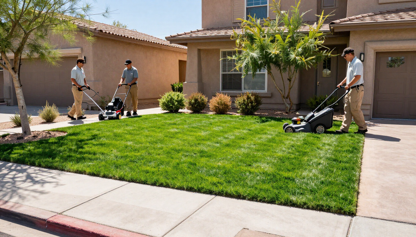 Three landscapers mowing and trimming a green front lawn in a suburban yard