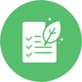 Green icon of a checklist document with a leaf and sparkles, symbolizing eco-friendly approval