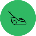 Green circular icon with a black outline of a lawn mower or grass cutter.