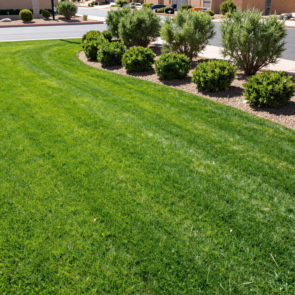 Well-manicured green lawn with trimmed shrubs along a curved landscaped border near a road
