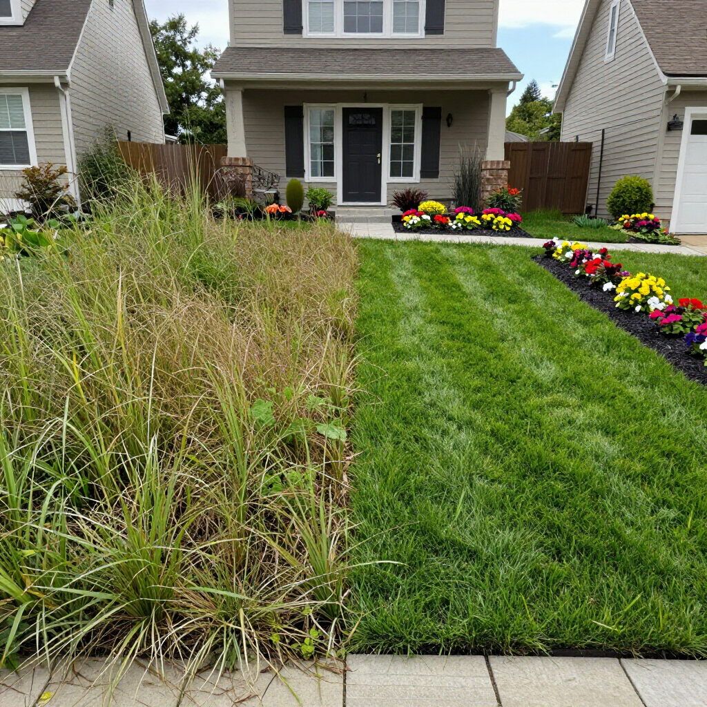 Front yard with a new green lawn, overgrown grass on one side, and flower beds leading to a house.