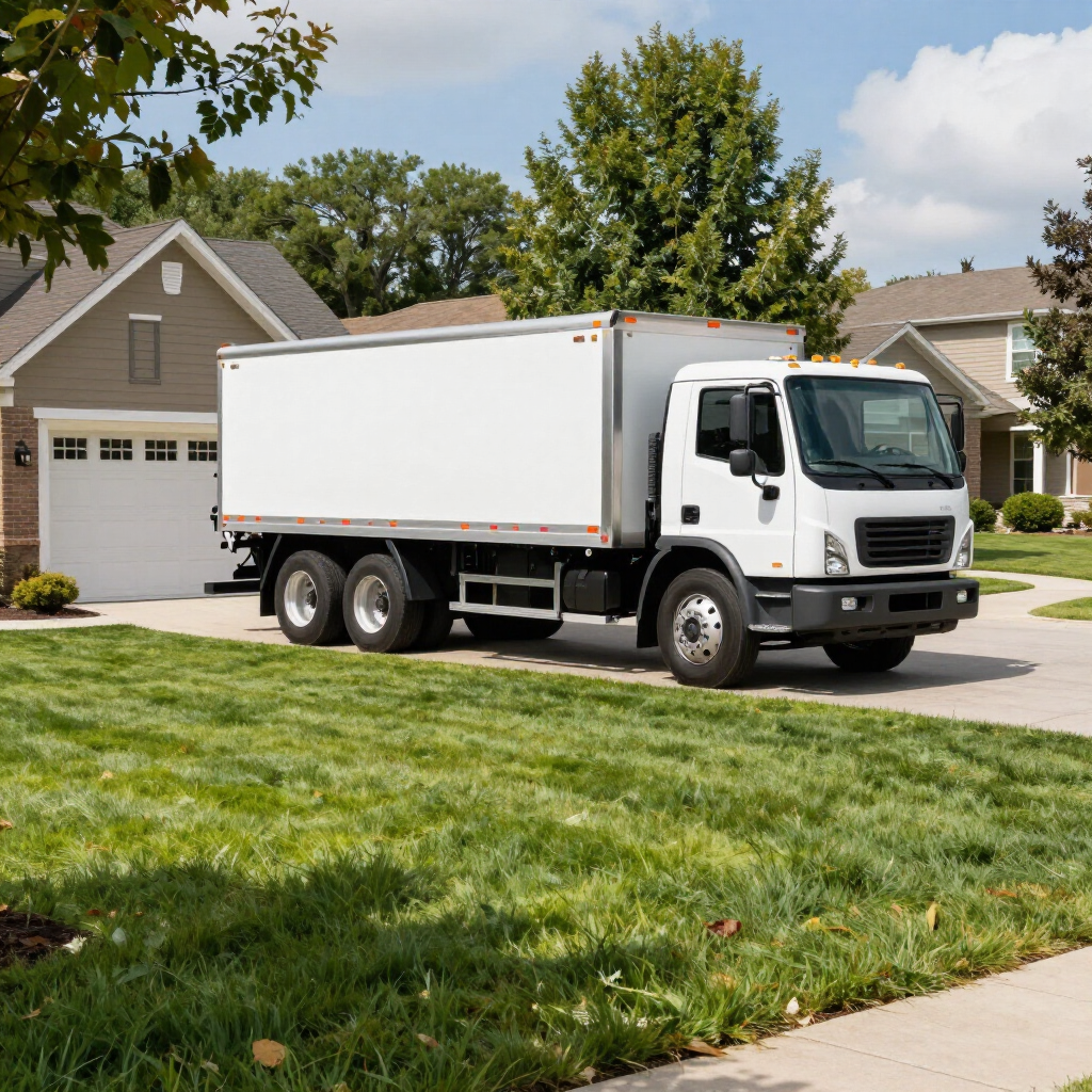 White box truck parked in a suburban driveway beside a beige house and green lawn