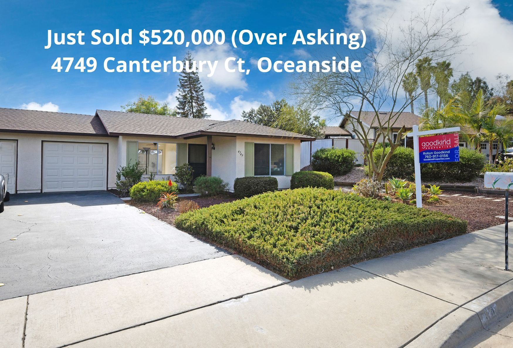 House exterior with “Just Sold $520,000” sign at 4749 Canterbury Ct., Oceanside
