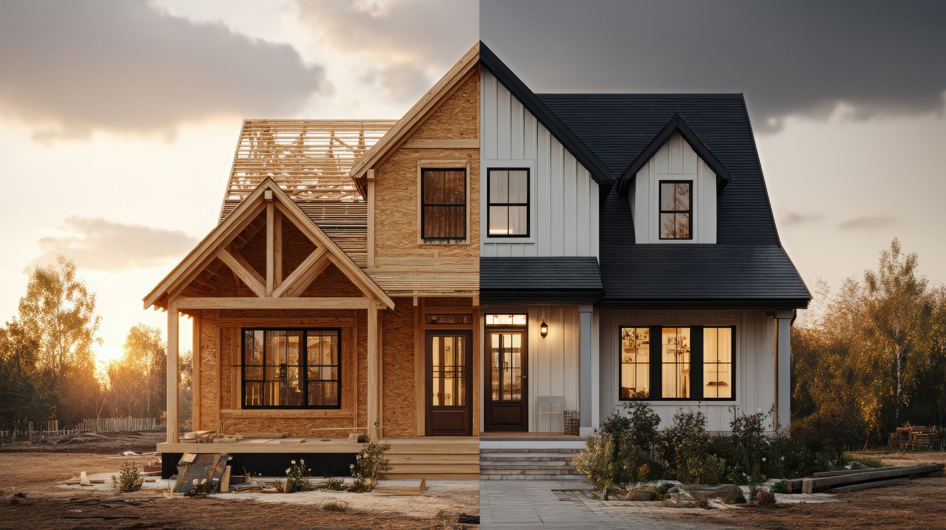 A before and after picture of a house being built.