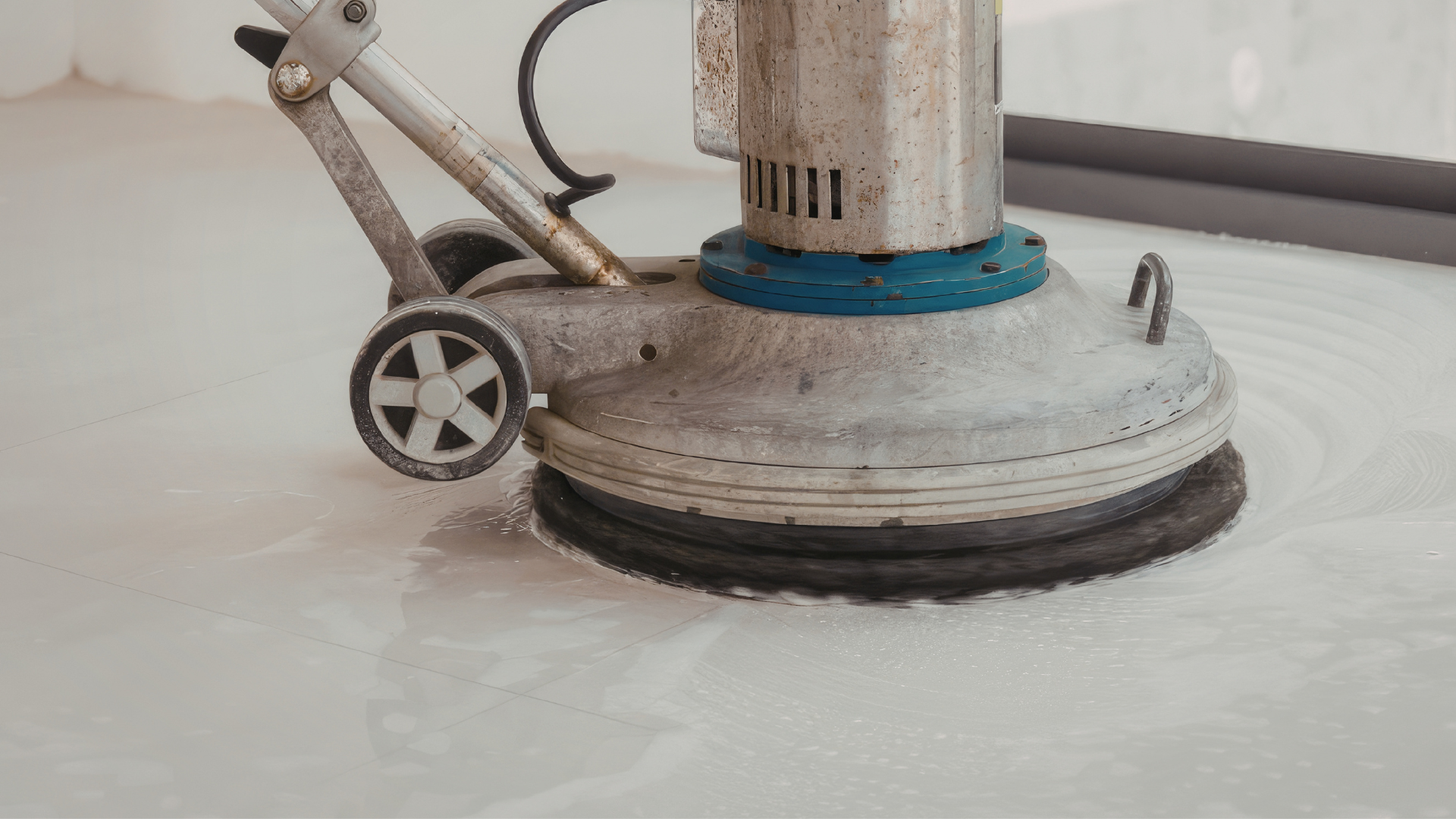 Floor buffer cleaning a white floor, with a worker’s hand guiding the handle.