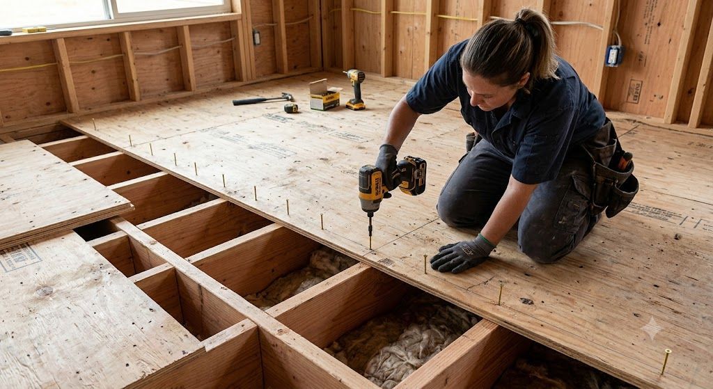Contractor fastening plywood subfloor panels to exposed floor joists with a cordless drill.