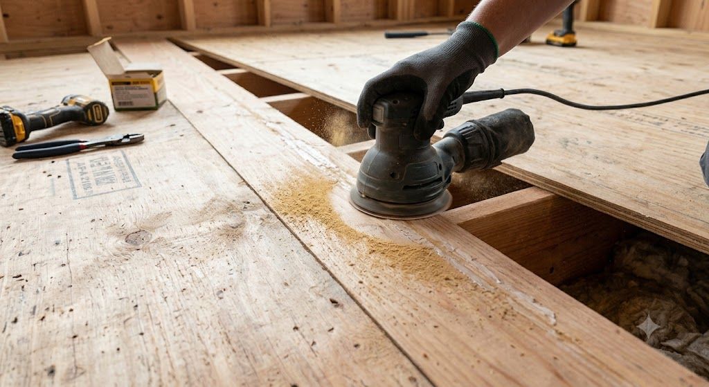 Worker applying construction adhesive along an exposed floor joist before installing the subfloor.