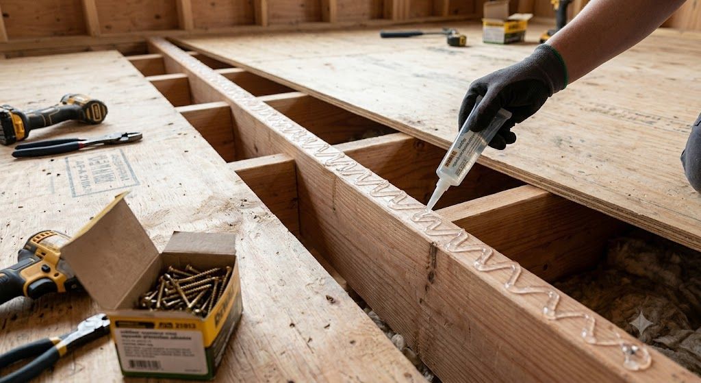 Gloved worker sanding a plywood subfloor seam with an orbital sander.