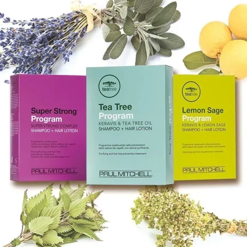 Tre scatole di prodotti Paul Mitchell, tra cui melaleuca, salvia, limone e programma super forte