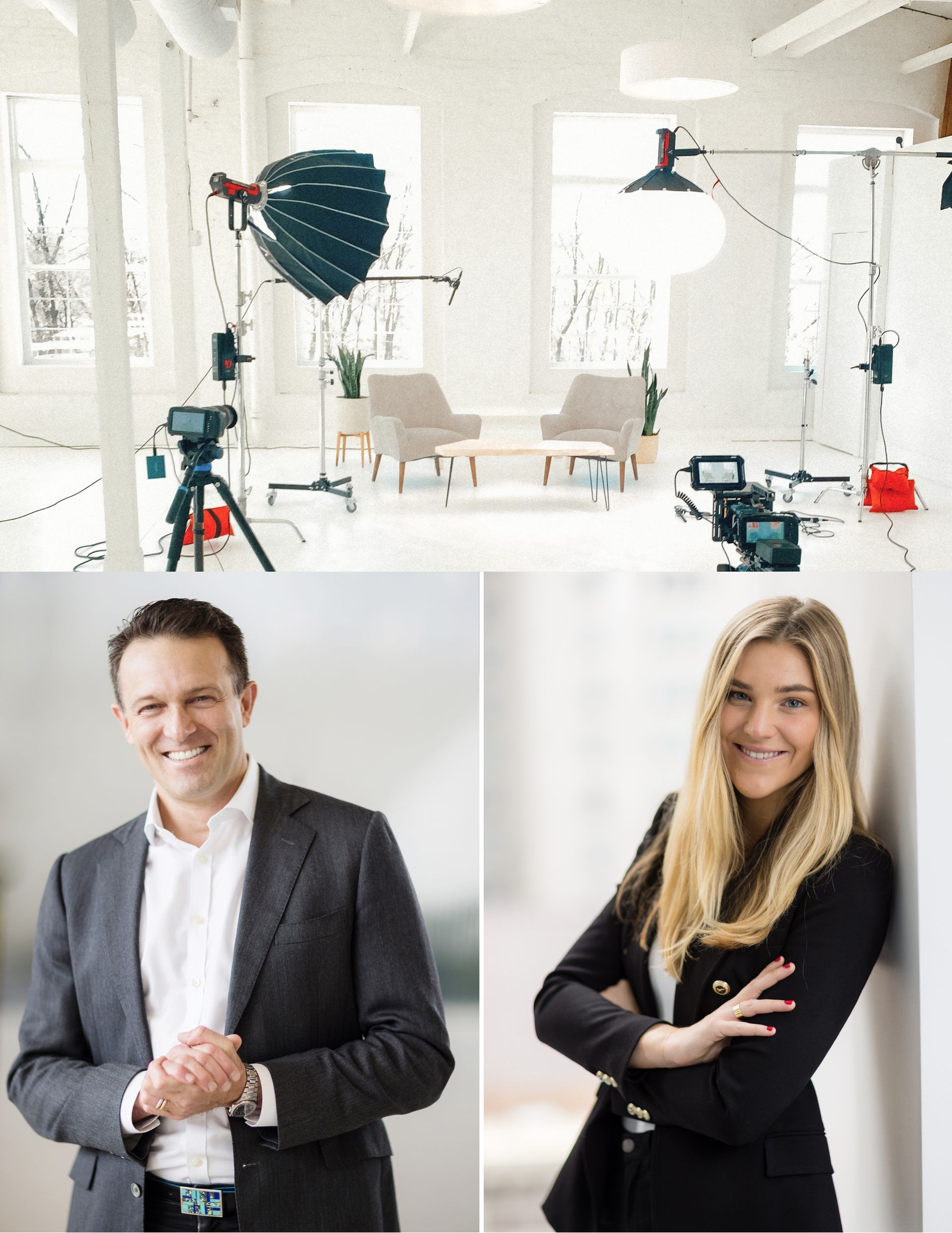 A man and a woman are posing for a picture in a studio.