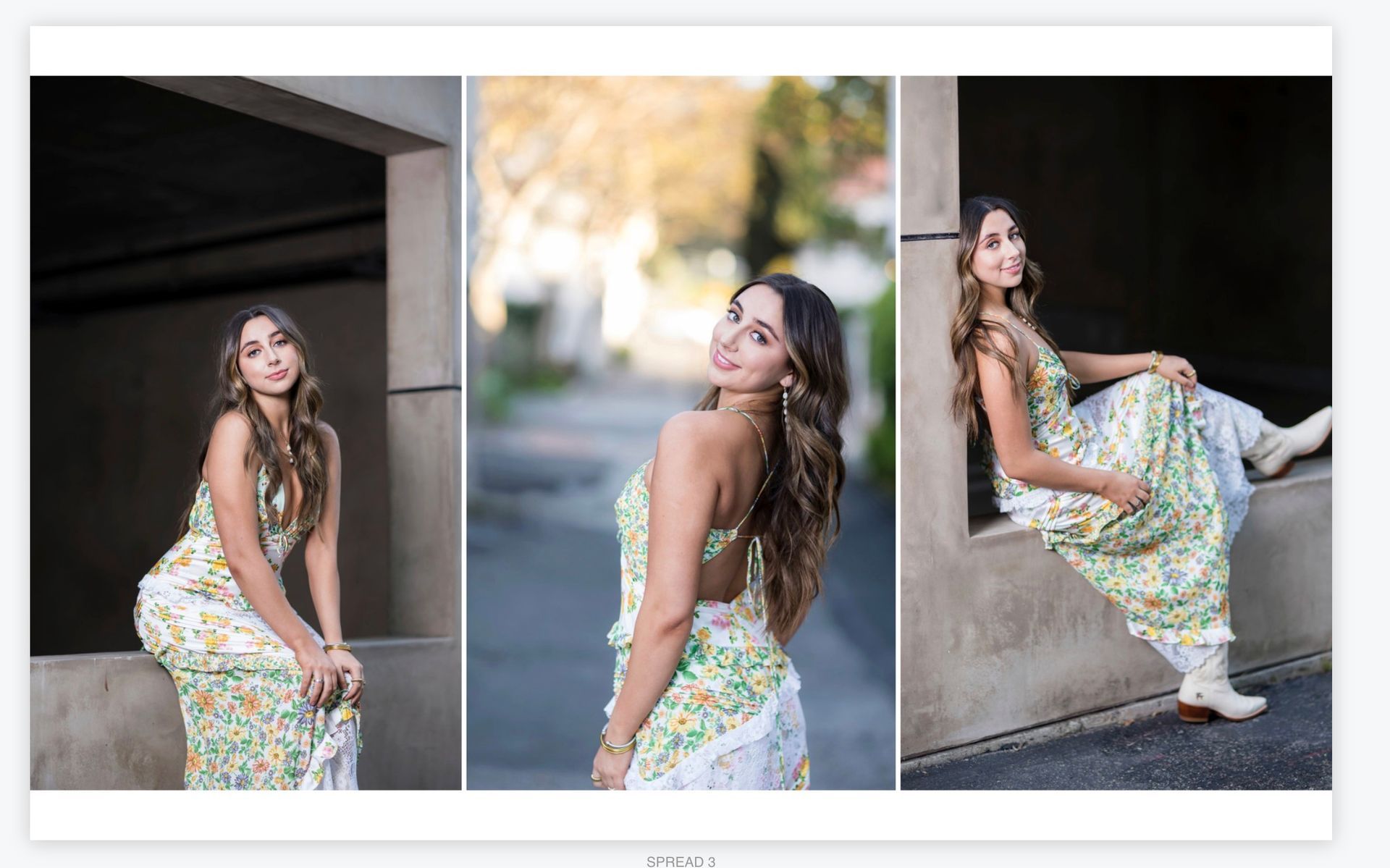 Woman posing in a floral dress in three outdoor portraits near a concrete wall