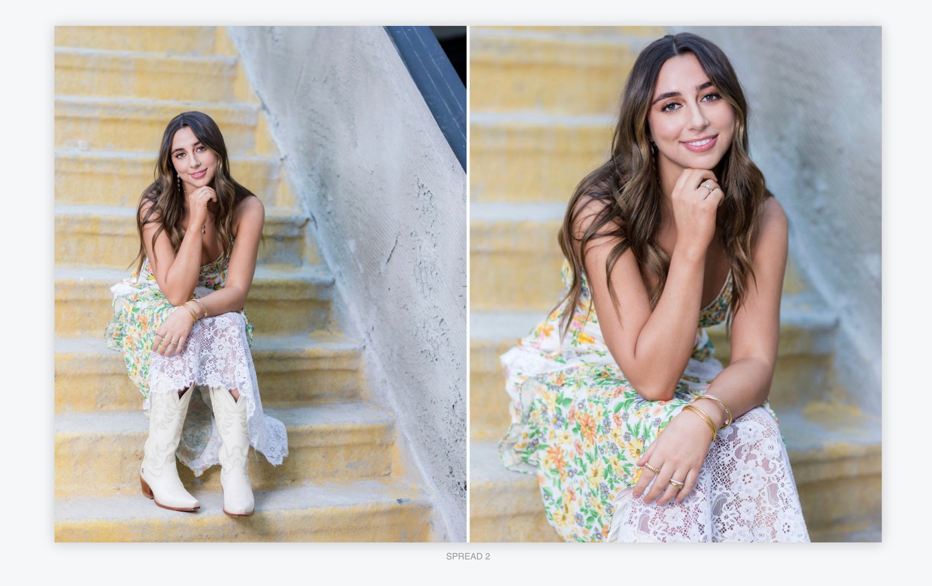 Woman seated on stairs in floral outfit; split image shows full-body and close-up portrait.