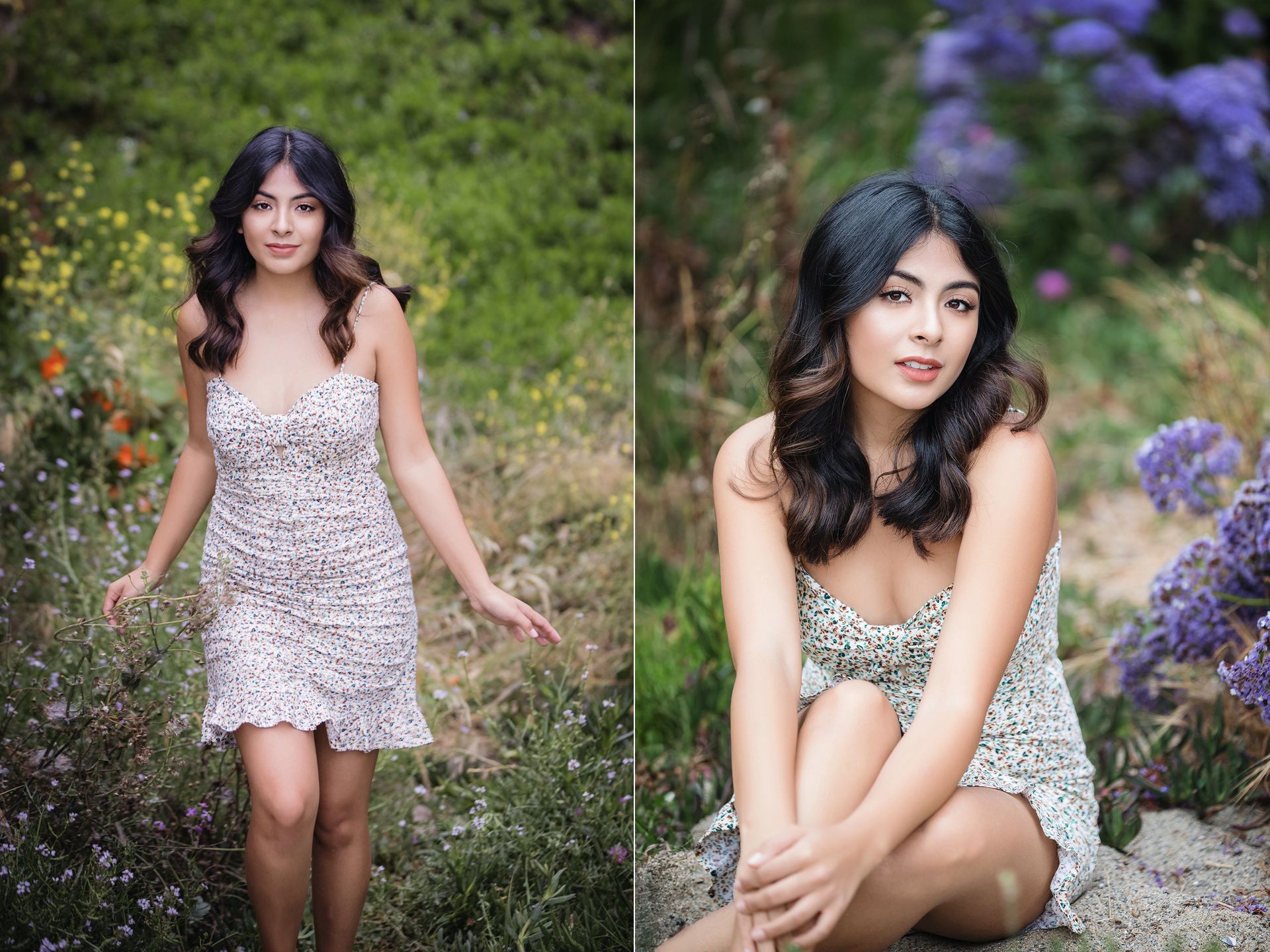 A woman in a dress is standing and sitting in a field of flowers.