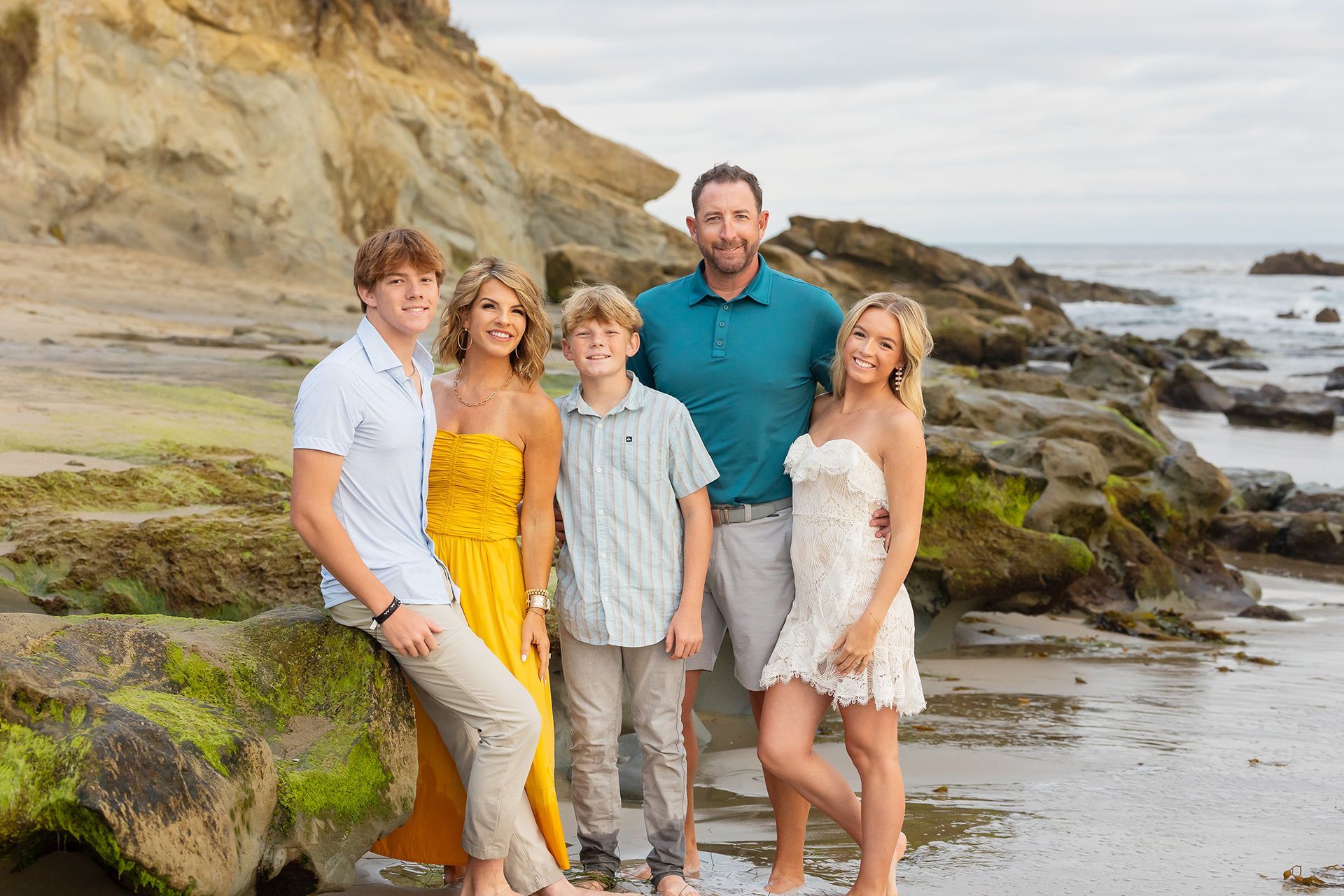 Five people posing on a rocky beach by the water, with cliffs and sea in the background.